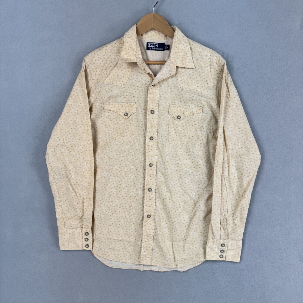 Polo Ralph Lauren Shirt Mens Medium Beige Floral Cotton Snap Front Western